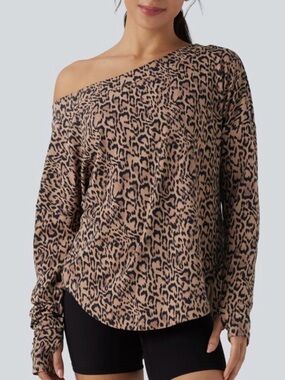HALARA Leopard Print Off-Shoulder Long Sleeve Top in Tan and Black